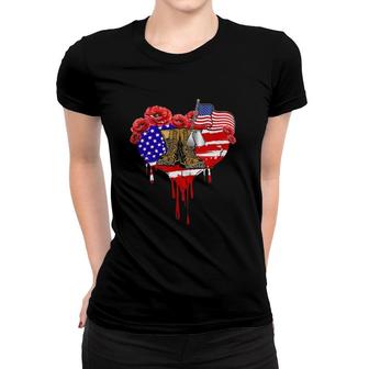 Poppy Flower American Usa Flag Combat Boots Veteran Day Women T-shirt - Seseable