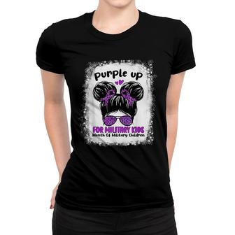 Purple Up For Military Child Month Kids Messy Bun Bleached Women T-shirt - Seseable