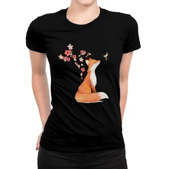 The Cute Fox And Hummingbird Cherry Blossom Flower Present Women T-shirt | Mazezy
