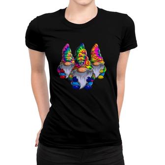 Three Hippie Gnomes Peace Gnome Funny Retro Tie Dye Design Women T-shirt | Mazezy