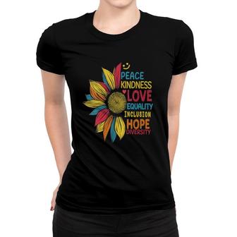 Womens Colorful Sunflower Peace Kindness Love Equality Hope V-Neck Women T-shirt | Mazezy
