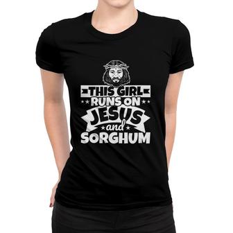 Womens Girl Runs On Jesus And Sorghum V-Neck Women T-shirt | Mazezy