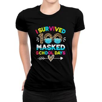 Womens I Survived 100 Masked School Days Funny 100Th Day Of School V-Neck Women T-shirt | Mazezy