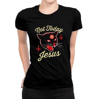 Womens Not Today Jesus Hail Satan Satanic Cat Death Metal Halloween V-Neck Women T-shirt | Mazezy