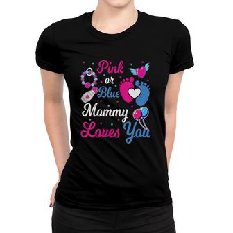 Womens Pink Or Blue Mommy Loves You Baby Gender Reveal Party Shower V-Neck Women T-shirt - Seseable