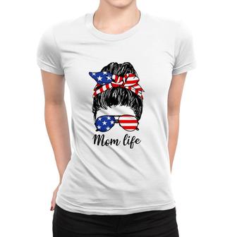 American Flag 4Th Of July Mom Life Messy Bun Mothers Day Women T-shirt - Seseable