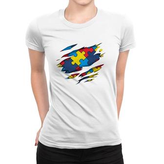 Autism Awareness Power Superhero Puzzle Piece Gift Women T-shirt | Mazezy