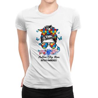 Blue Ribbon Butterfly Step Mom Messy Bun Autism Awareness Women T-shirt - Seseable