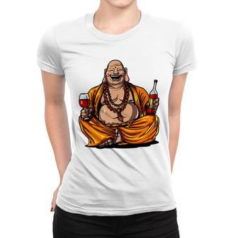Buddha Wine Drinking Yoga Meditation Spiritual Women T-shirt - Monsterry