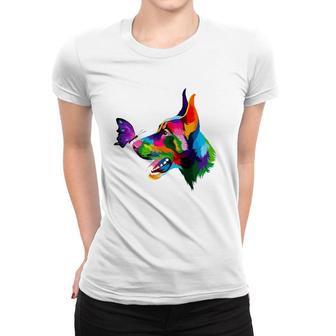 Doberman Dog Colored Dobie Colorful Butterflies Doberman Women T-shirt | Mazezy