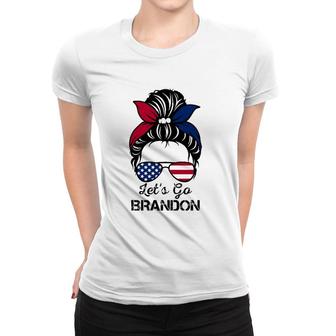 Lets Go Brandon Messy Bun American Flag Sunglasses Women T-shirt - Seseable