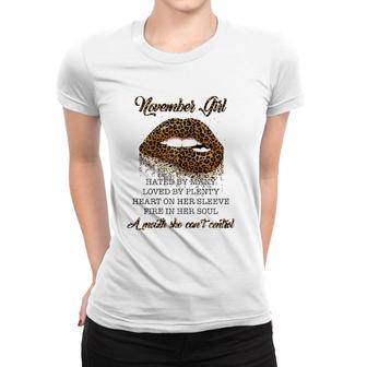 November Girl Hated By Many Loved By Plenty Heart On Her Sleeve Leopard Lips Version Women T-shirt - Seseable