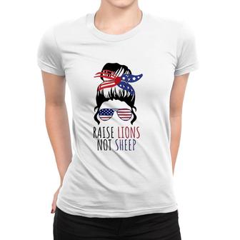 Raise Lions & Not Sheep American Flag Sunglasses Messy Bun Women T-shirt - Seseable