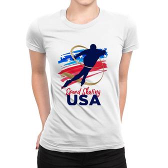 Speed Skating Usa Support The Teamusa Flag Winter Women T-shirt | Mazezy