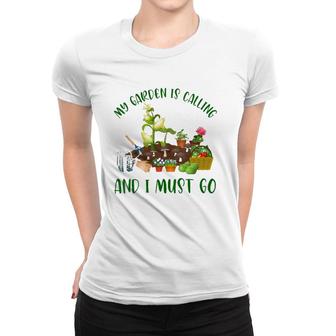 Womens My Garden Is Calling And I Must Go Funny Gardener Gardening V-Neck Women T-shirt | Mazezy