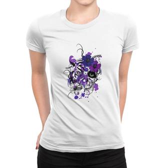 Womens Purple Floral Black Sugar Skull Day Of The Dead V-Neck Women T-shirt | Mazezy