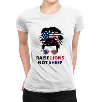 Womens Raise Lions Not Sheep American Flag Sunglasses Messy Bun V-Neck Women T-shirt - Seseable