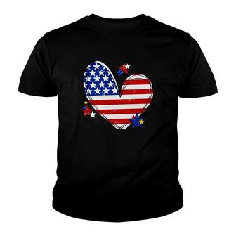 American Flag Heart Fourth Of July Independence Day Patriotic Stars Youth T-shirt - Seseable