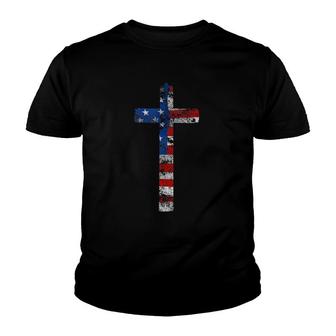American Flag Usa Cross Christian Faith Patriotic Gift Youth T-shirt | Mazezy