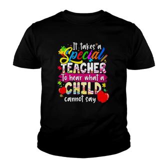 Autism Awareness It Takes A Special Teacher To Hear What A Child Cannot Say Puzzle Pieces Apples Youth T-shirt | Mazezy