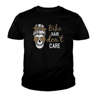 Biker Hair Dont Care Skull Messy Bun For Lady Youth T-shirt | Mazezy