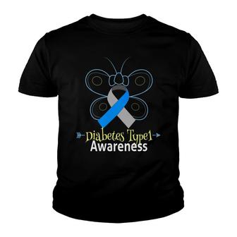 Butterfly Blue Ribbon Diabetes Type 1 Awareness Women Youth T-shirt - Monsterry
