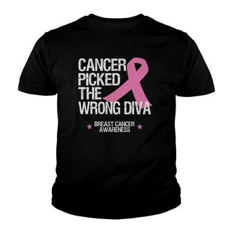 Cancer Picked The Wrong Diva Breast Awareness Ribbon Gift Youth T-shirt - Thegiftio UK