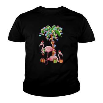 Christmas Flamingo Funny Santa By Sea Palm Tree Lights Youth T-shirt | Mazezy