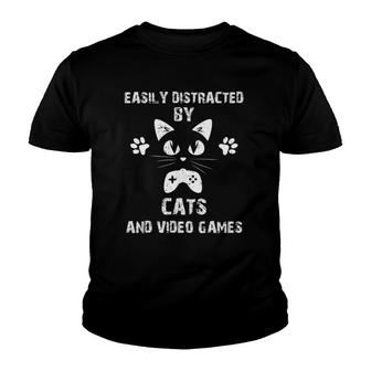 Easily Distracted By Cats And Video Games Funny Cats Lovers Youth T-shirt - Seseable