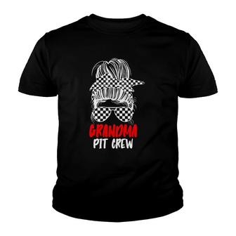 Grandma Pit Crew Messy Bun Race Track Flag Car Racing Womens Youth T-shirt - Thegiftio UK