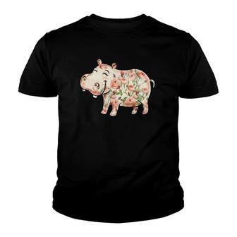 Hippopotamus Floral Nature Hutto Lover Cute Pink Roses Hippo Youth T-shirt | Mazezy