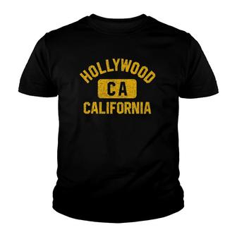 Hollywood Ca California Gym Style Distressed Amber Print Youth T-shirt - Thegiftio UK