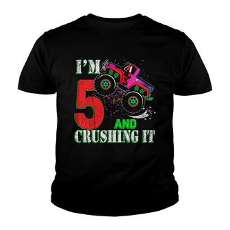 Kids 5 Year Old Girl 5Th Birthday Monster Truck Boy Crushing It Youth T-shirt - Seseable