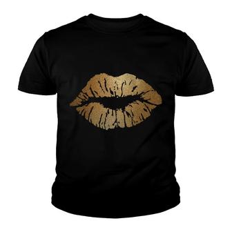 Kiss Lips Sparkle Glitter Valentine Sexy Love Good Vibe Gold Youth T-shirt - Monsterry