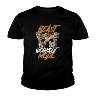 Lion Beast Workout Mode Lifting Weights Muscle Fitness Gym Youth T-shirt | Mazezy
