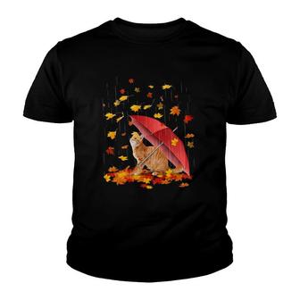 Maple Cat And Umbrella Leaf Fall Hello Autumn Bicycle Gift Youth T-shirt - Thegiftio UK