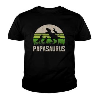 Mens Funny Grandpa Of 3 Kids Papasaurus Dinosaur Fathers Day Youth T-shirt - Seseable