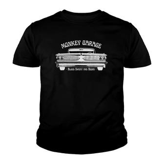 Monkey Garage Gas Station Blood Sweat And Beers Youth T-shirt | Mazezy