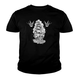 Old School Sailor Tattoo Clipper Ship And Swallows V2 Youth T-shirt - Thegiftio UK