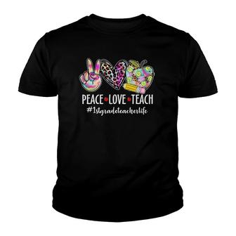 Peace Love Teach Leopard Heart Apple 1St Grade Teacher Life Youth T-shirt - Thegiftio UK