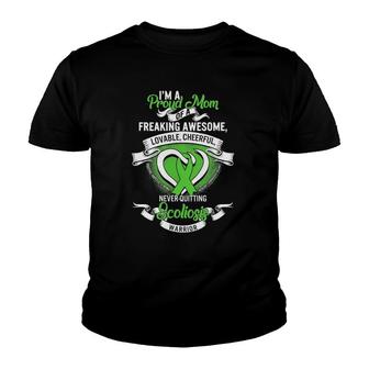 Proud Mom Of Scoliosis Warrior Awareness Month Green Ribbon Youth T-shirt - Thegiftio UK