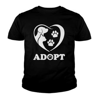 Rescue Adopt Dog Cat Paw Heart Love Pet Animal Family Gift Youth T-shirt - Seseable