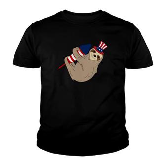 Rocket Firecracker Sloth American Flag 4Th July Youth T-shirt - Monsterry