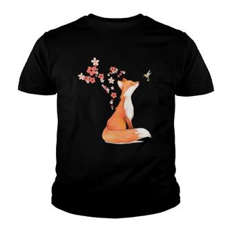 The Cute Fox And Hummingbird Cherry Blossom Flower Present Youth T-shirt - Thegiftio UK