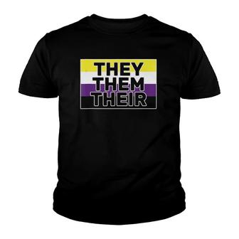 They Them Their Non-Binary Flag Pronouns - Genderfluid Youth T-shirt | Mazezy