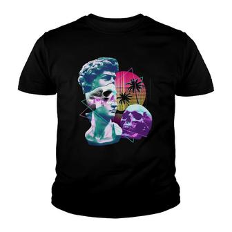 Vaporwave David Bust Statue With Skulls & Palm Tree Art Youth T-shirt | Mazezy
