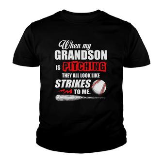 When My Grandson Is Pitching Funny Baseball Youth T-shirt - Thegiftio UK