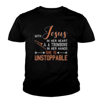 With Jesus In Her Heart And A Trombone Hands She Is Youth T-shirt - Thegiftio UK