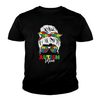 Womens Autism Mom Awareness Messy Bun Puzzle Piece Mother Youth T-shirt - Thegiftio UK