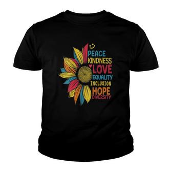 Womens Colorful Sunflower Peace Kindness Love Equality Hope V-Neck Youth T-shirt | Mazezy